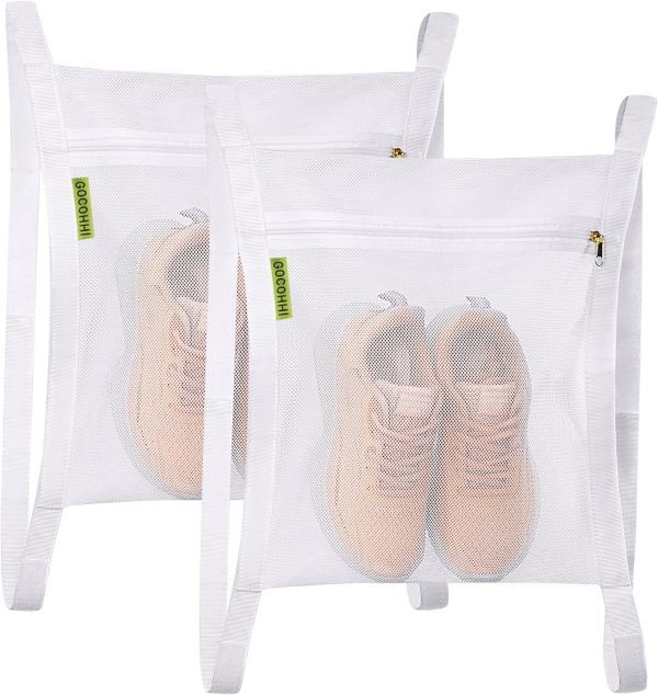 Sneaker Wash & Dry Net Bag for Dryer, 15.7x13.8 Inch Large HoneyComber Mesh Bags with Zipper and Strap for Shoes, Clothing, Laundry Reused Bag Tool (2 Pcs White)